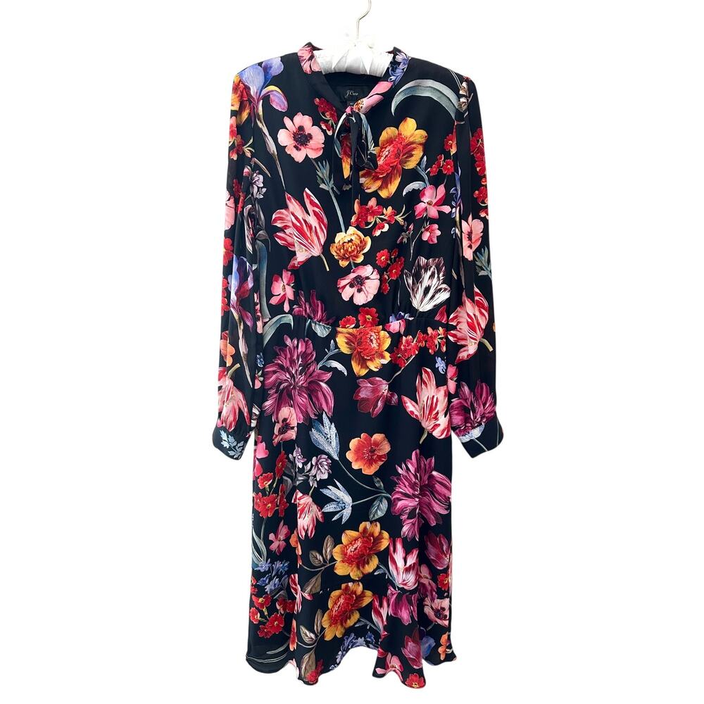 J.CREW Midnight Dutch Floral Midi Dress Tie Neck Long Sleeve Black Tall Size 4T